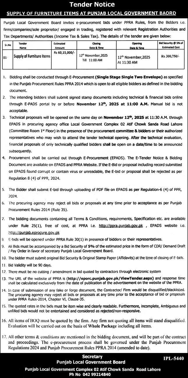 Punjab Local Government Board Lahore Tender Notice